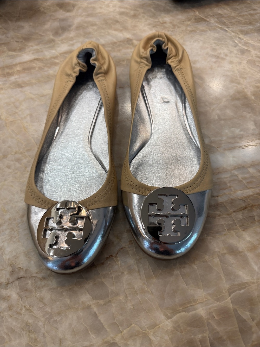 Tory Burch Beige Leather Ballet Flats with Silver Toe Medallion